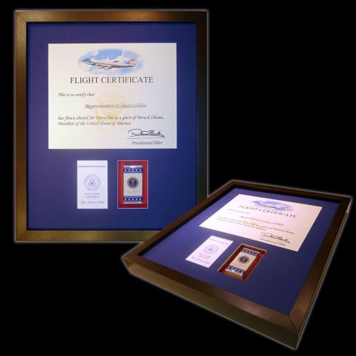 If you have important documents or achievements and have accompanied items that are part of it, we are among the best in putting it all together. Here is a Flight Certificate with other items that belong with the achievement making it a more complete and impressive way to remember it, and display it on your wall.
