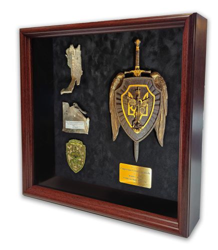 This is a beauty with a lot of meaning. Inside this shadow box are fragments from a Russian Kinzhal Hypersonic Missile (air-launched ballistic missile). It was given to a member of congress by the members of the Verkhovna Rada of Ukraine.
